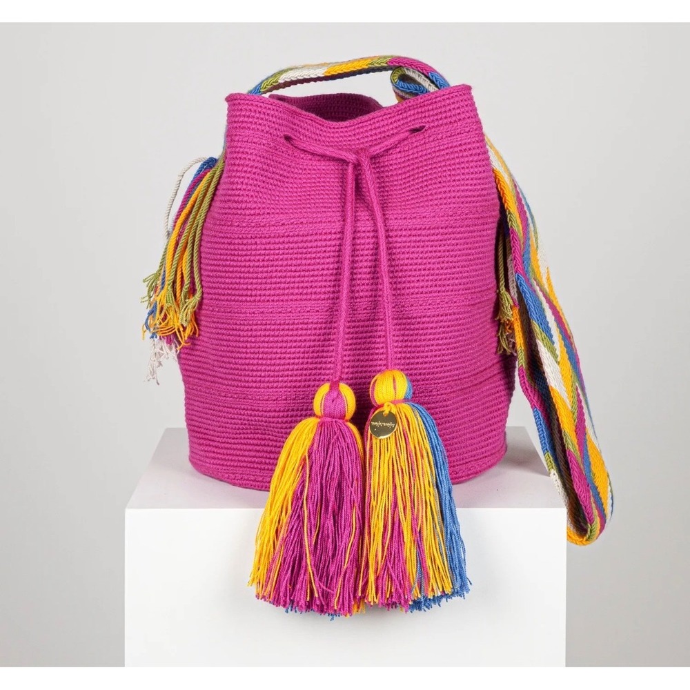Wayuu Mochila Handwoven Pink Crochet Bucket Bag Multi Color Tassel Shoulder Bag